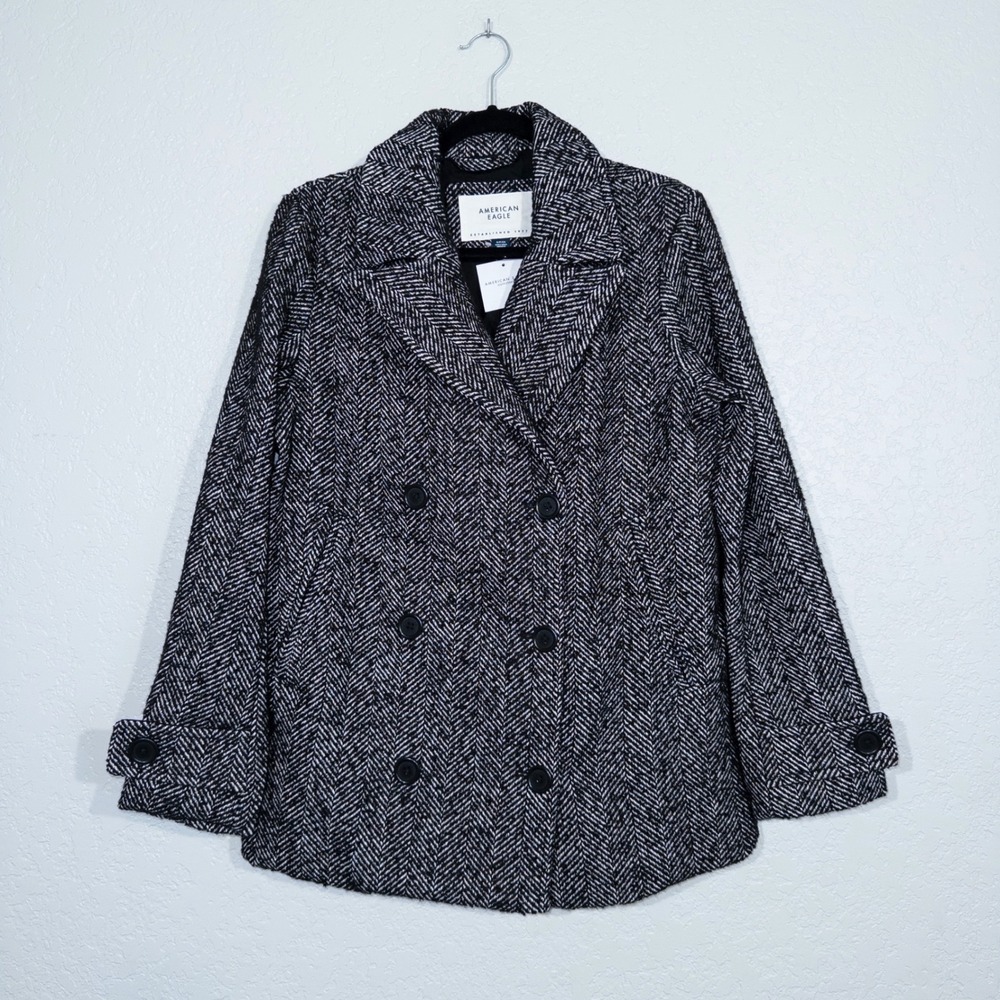 NWT American Eagle Black &‎ White Herringbone Double Breasted Peacoat Size Small
